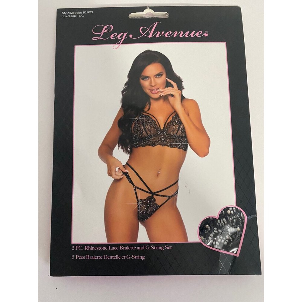 Leg Avenue Womens Lingerie Lace Top Bra Thong Underwear Set Rhinestones Sz Lg